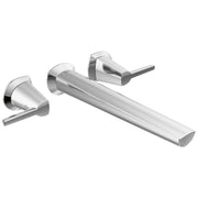 Chrome wall-mounted tub filler with single spout and two lever handles on white background.
