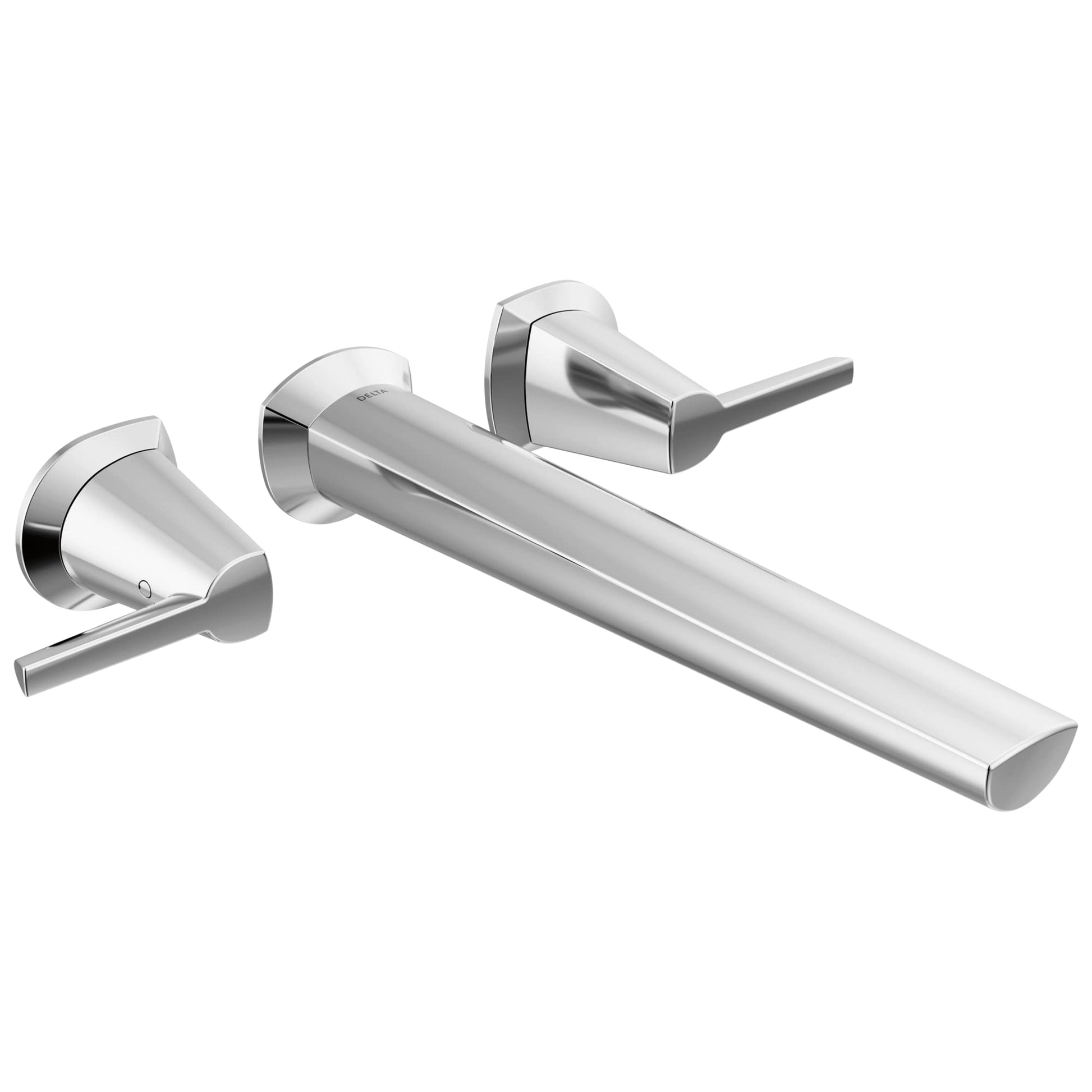 Chrome wall-mounted tub filler with single spout and two lever handles on white background.