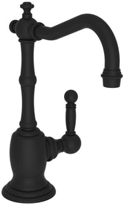 Flat black cold water dispenser with curved spout, ornamental handles, and pedestal base.