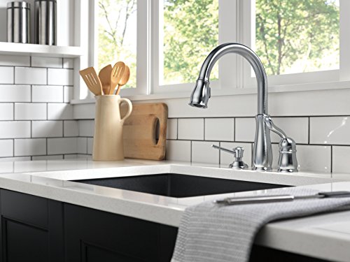 Arctic stainless steel soap and lotion dispenser mounted on kitchen counter next to sink.