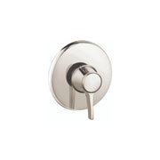 Polished nickel round pressure balance shower trim with single lever handle and circular escutcheon plate.