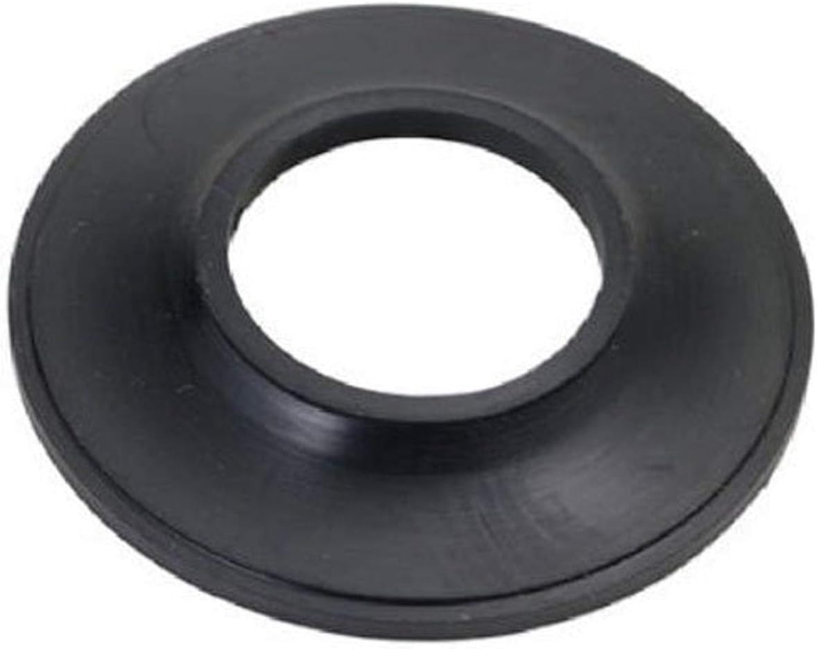 Black rubber gasket with tapered cone shape and center opening for bathroom faucet installation.