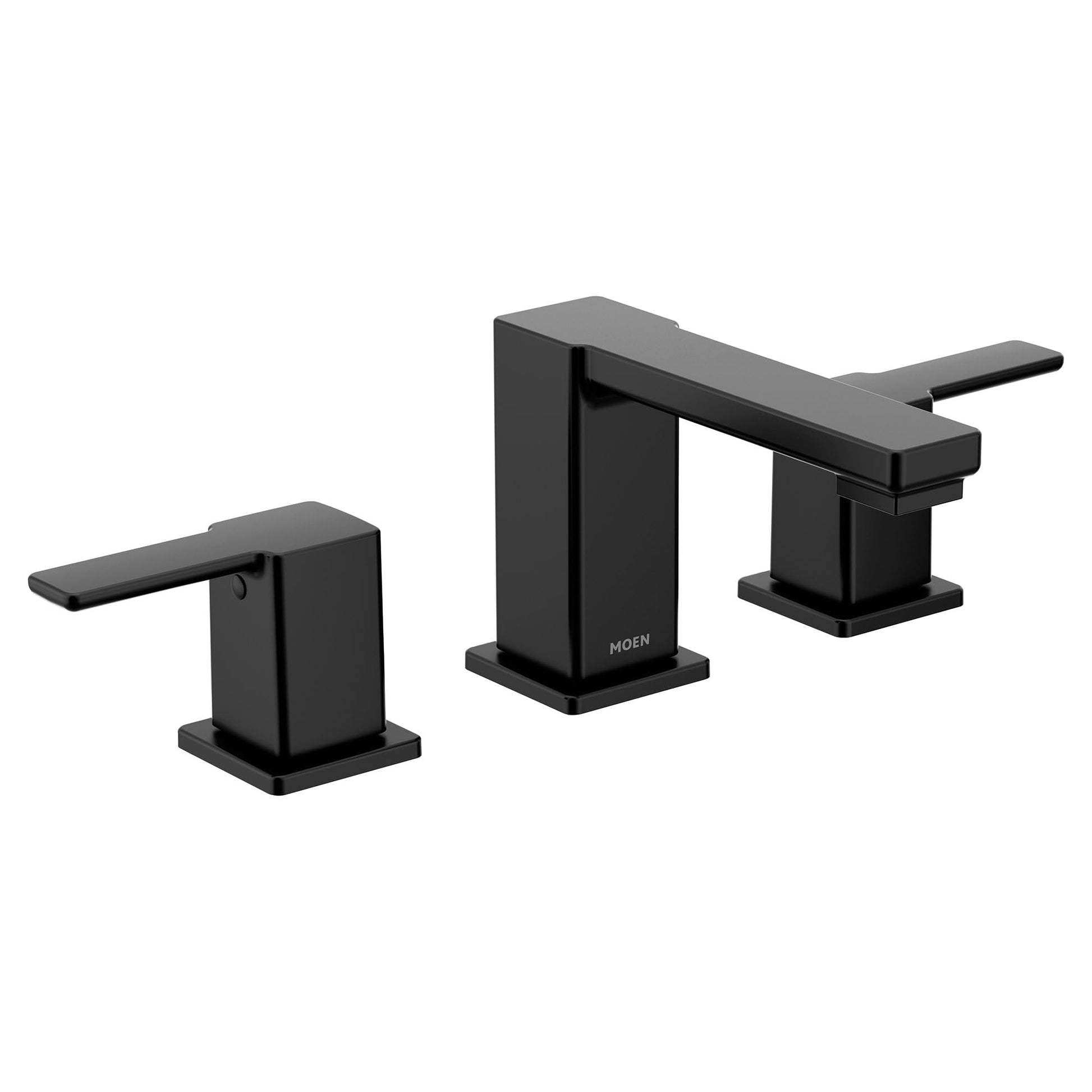 Matte black two-handle widespread bathroom faucet with angular spout and square base.