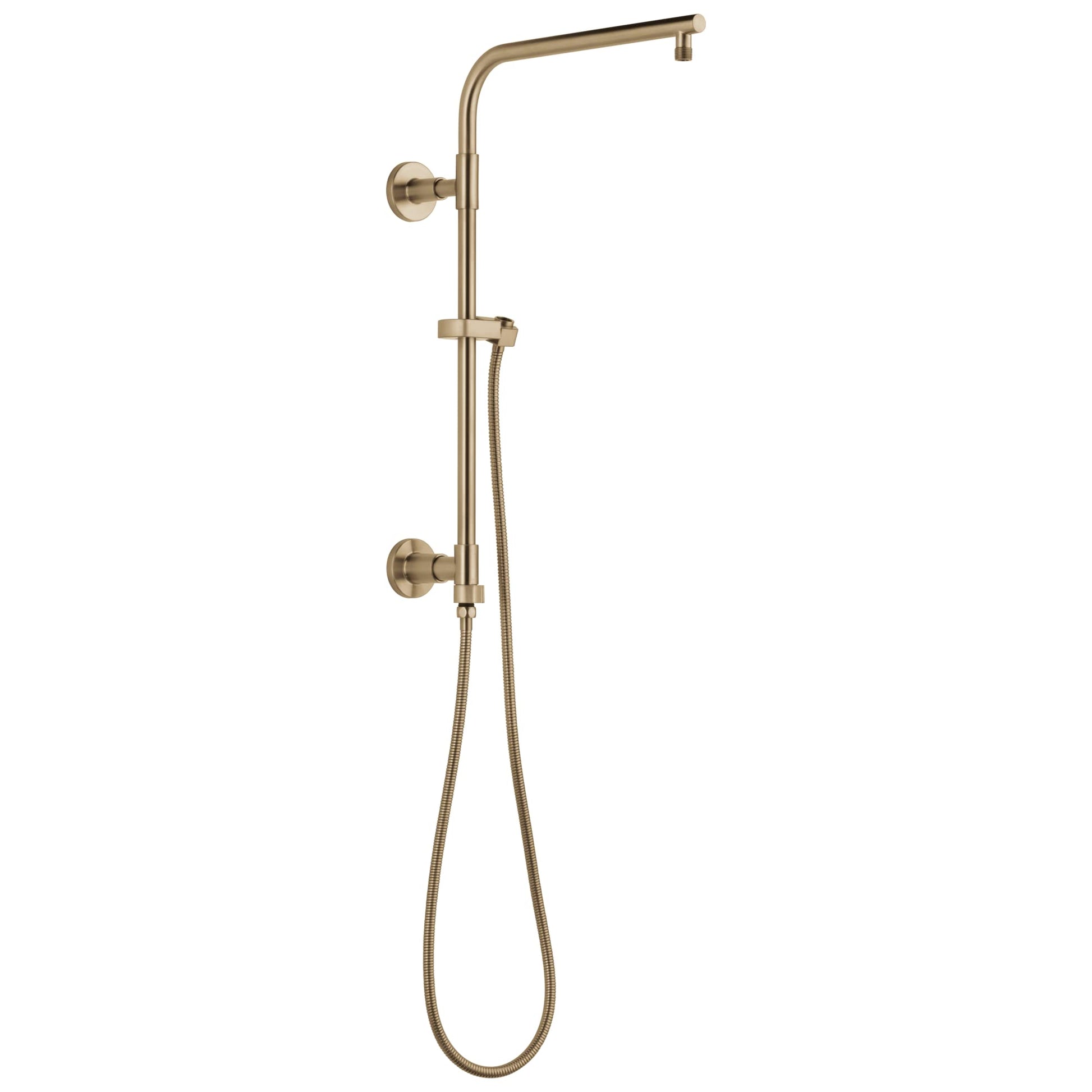 Brushed champagne bronze shower column with fixed overhead spray head, handheld showerhead, and wall-mounted controls.