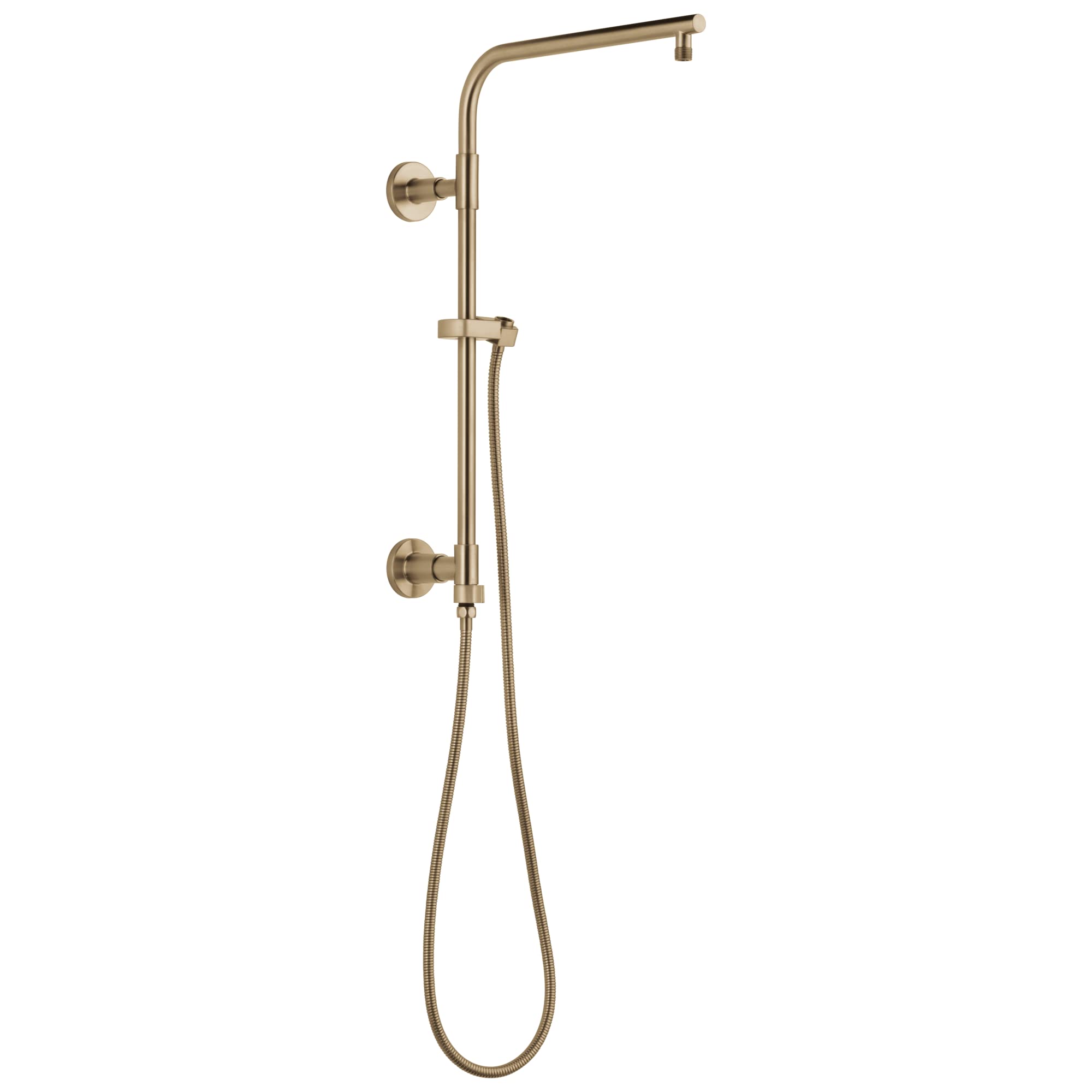 Brushed champagne bronze shower column with fixed overhead spray head, handheld showerhead, and wall-mounted controls.