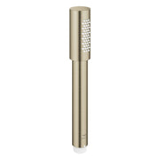 Grohe Sena brushed nickel stick hand shower with cylindrical head and perforated spray face.