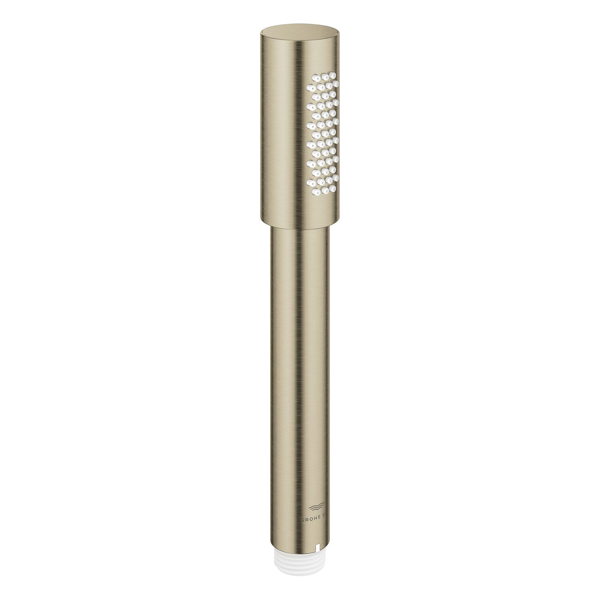 Grohe Sena brushed nickel stick hand shower with cylindrical head and perforated spray face.