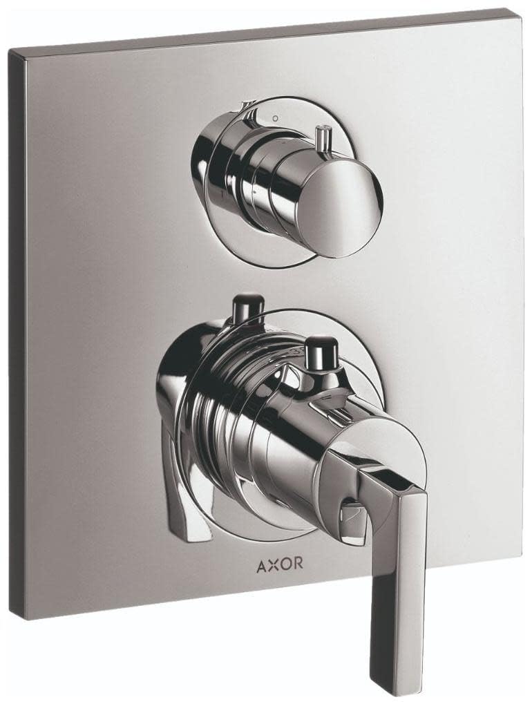 Chrome thermostatic shower valve trim with upper volume control knob and lower lever handle mounted on square plate.