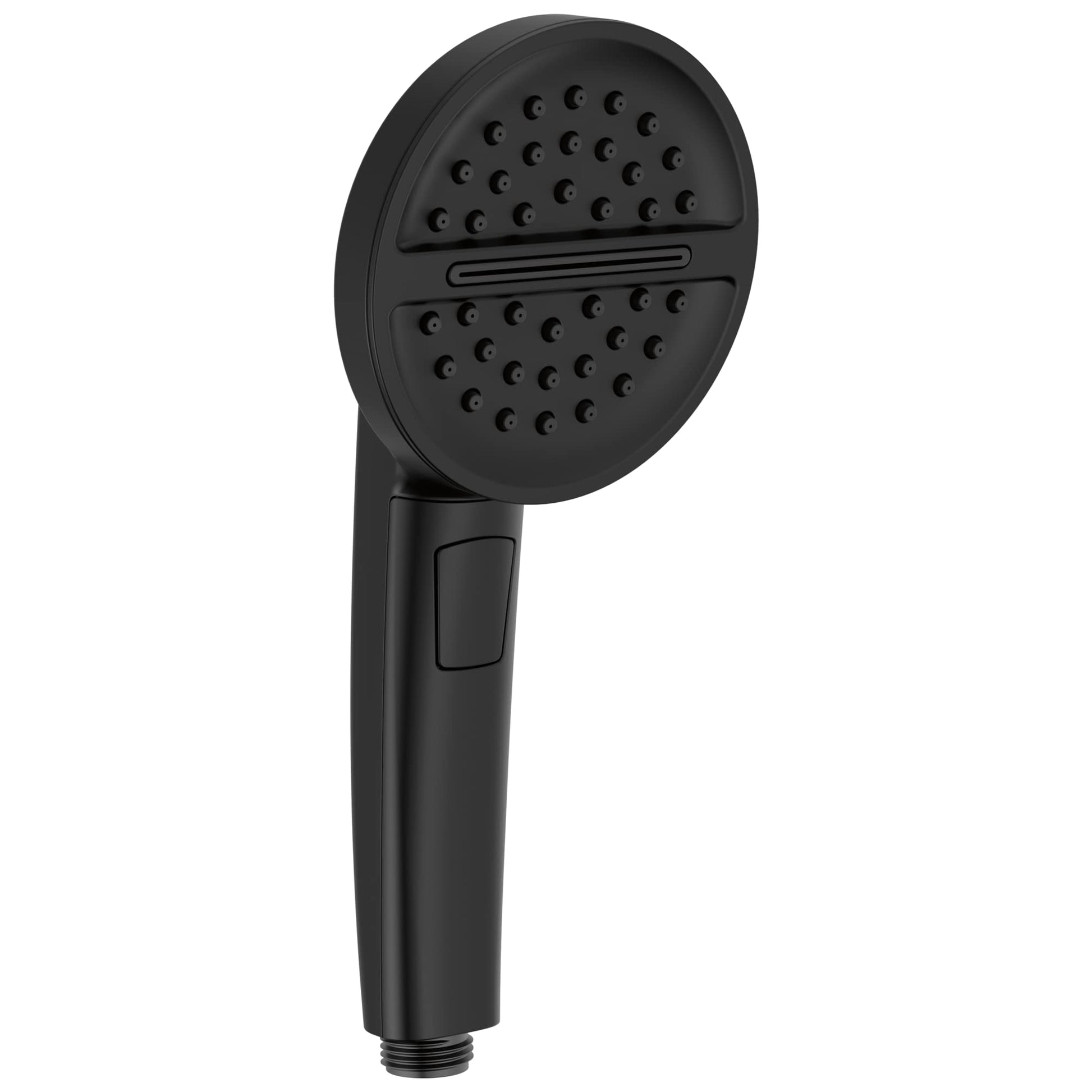 Black handheld shower head with circular spray face and control button on handle against white background.