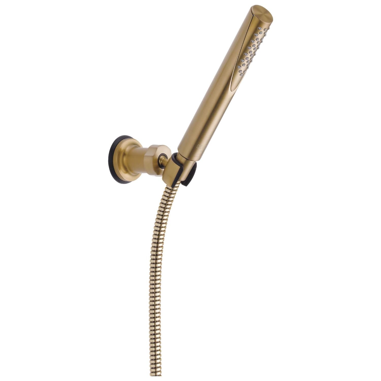 Champagne bronze hand shower with adjustable wall mount bracket and flexible hose connection.