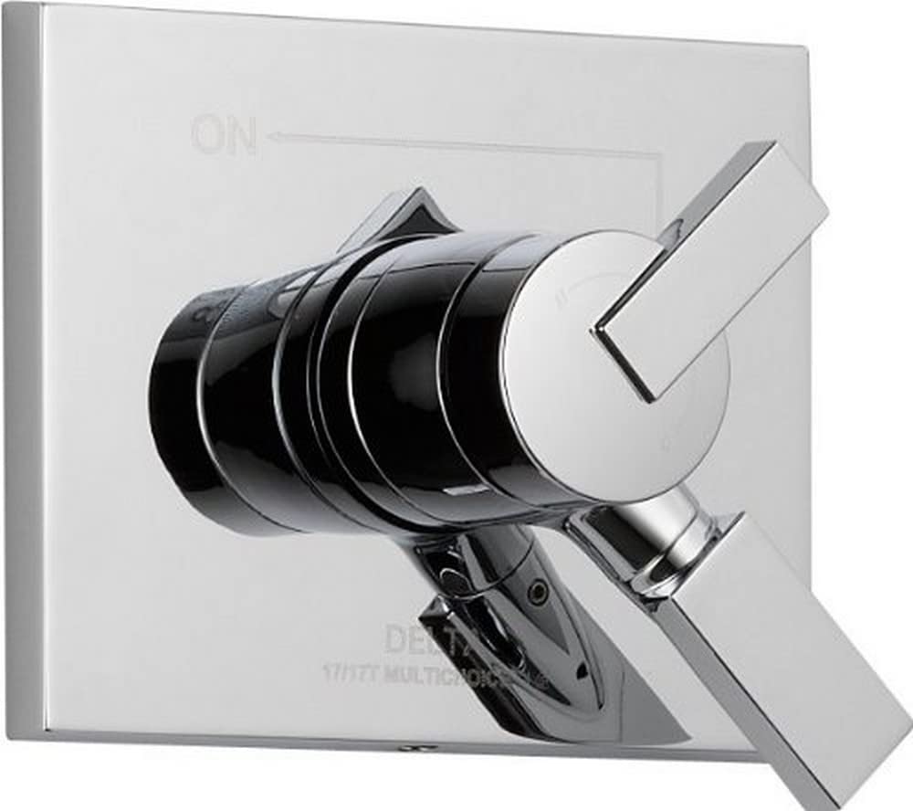 Chrome and white square valve trim with lever handle and cylindrical spout mounted on white escutcheon plate.