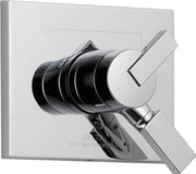 Chrome and white square valve trim with lever handle and cylindrical spout mounted on white escutcheon plate.