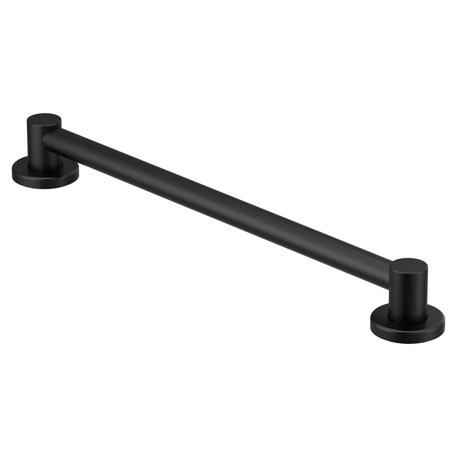 Matte black bathroom grab bar with cylindrical handles mounted at each end.