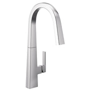 Chrome pulldown kitchen faucet with single handle and curved spout in tall arched design.