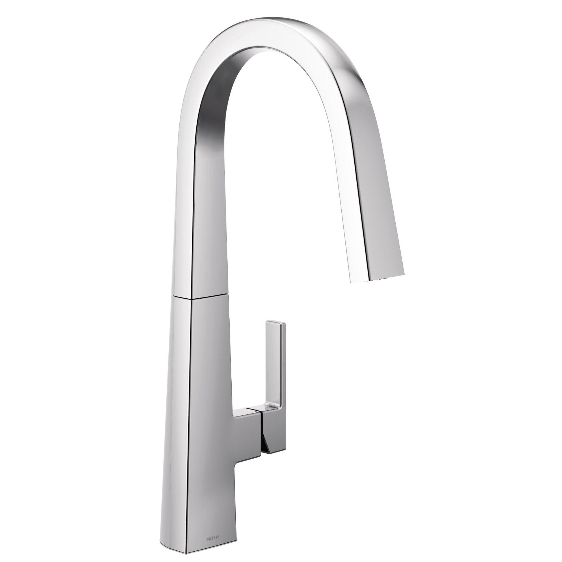 Chrome pulldown kitchen faucet with single handle and curved spout in tall arched design.