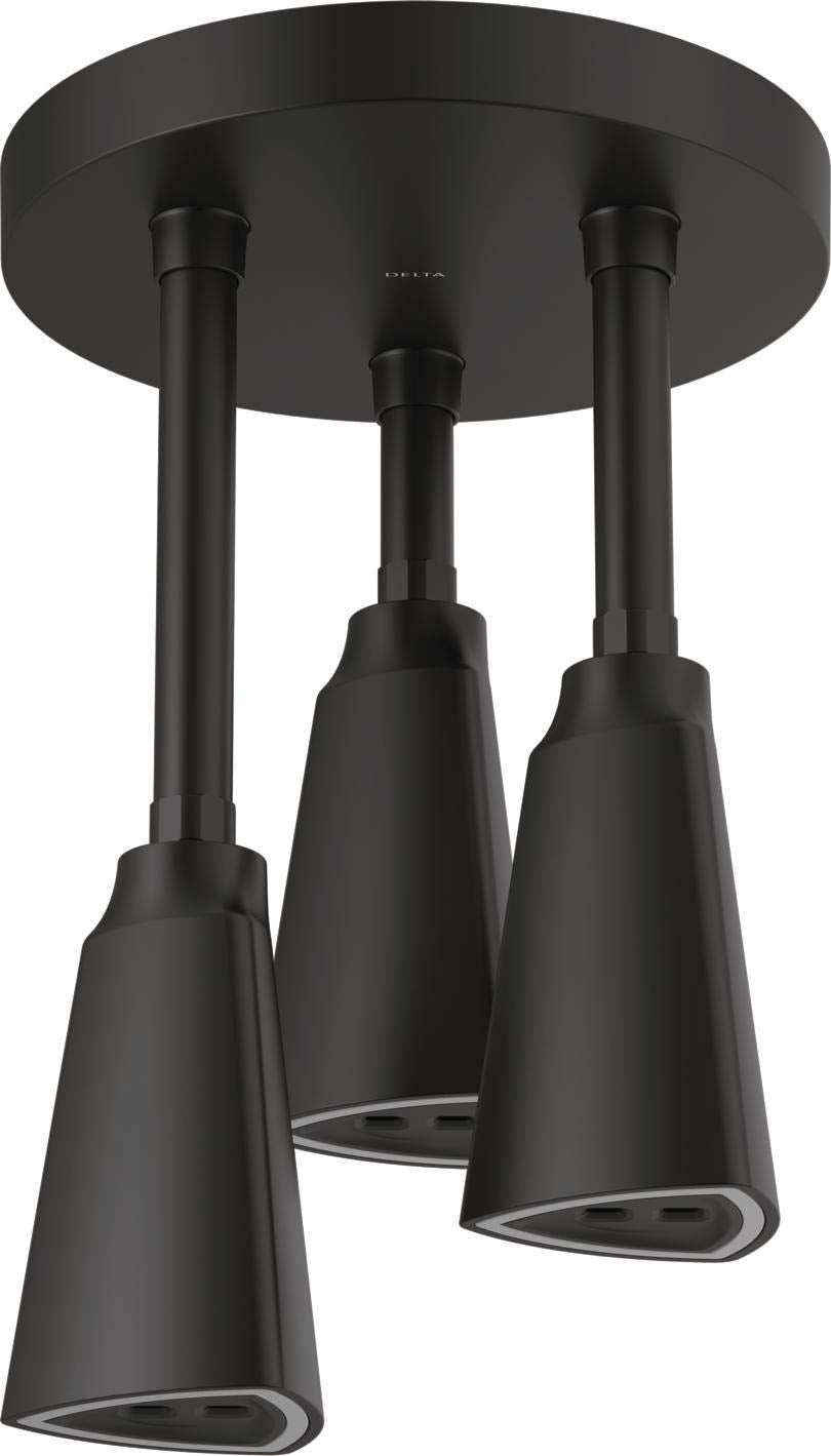 Black Delta shower head with three pendant nozzles suspended from round mounting plate.