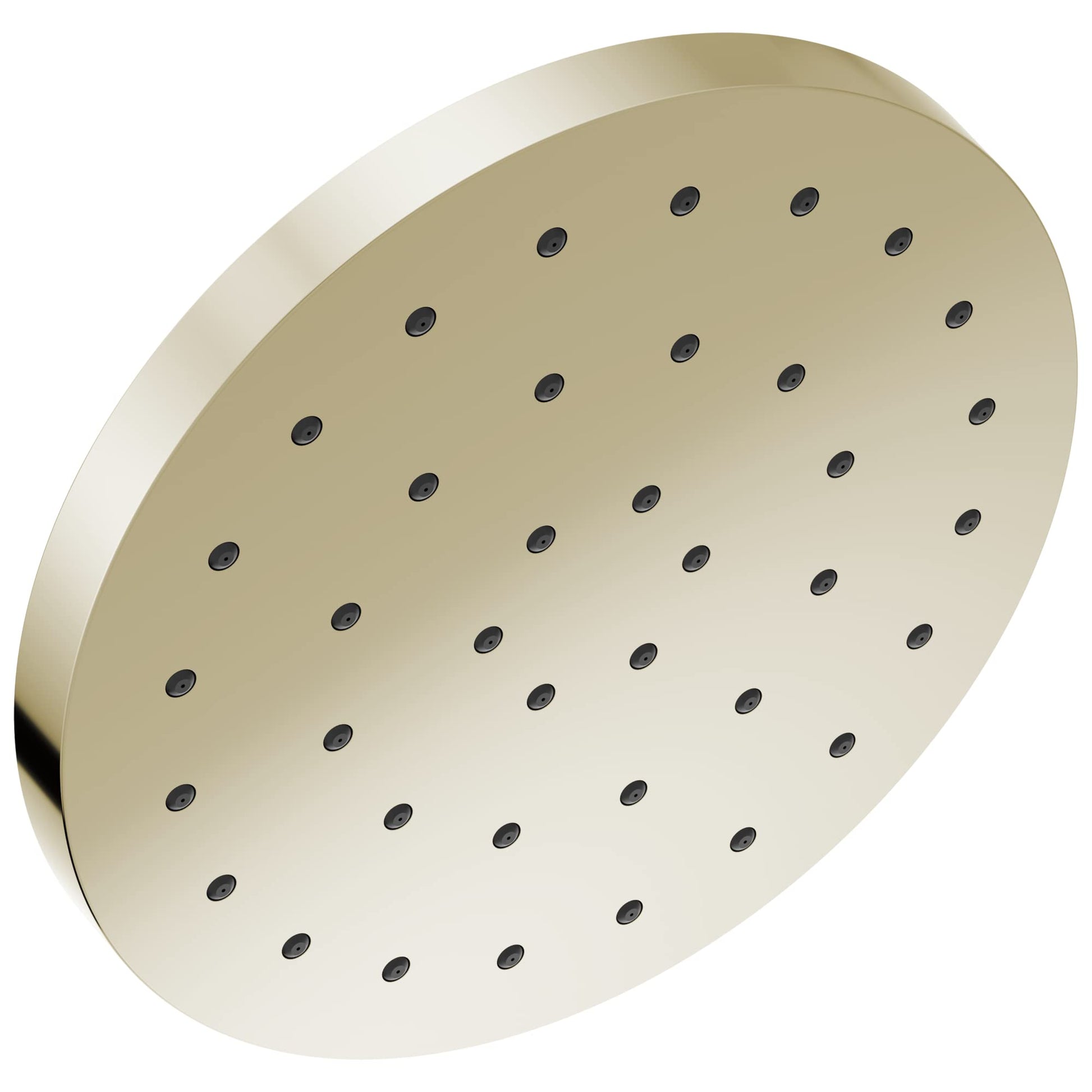 Round cream-colored shower head with multiple spray jets evenly distributed across the face.