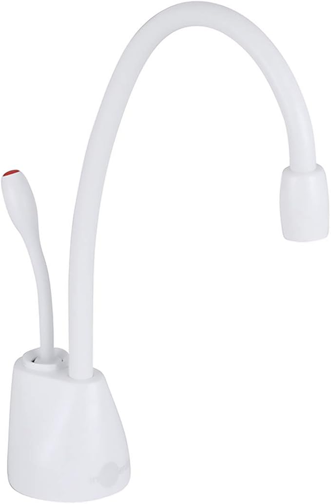 White instant hot water dispenser faucet with curved gooseneck spout and control lever on base.