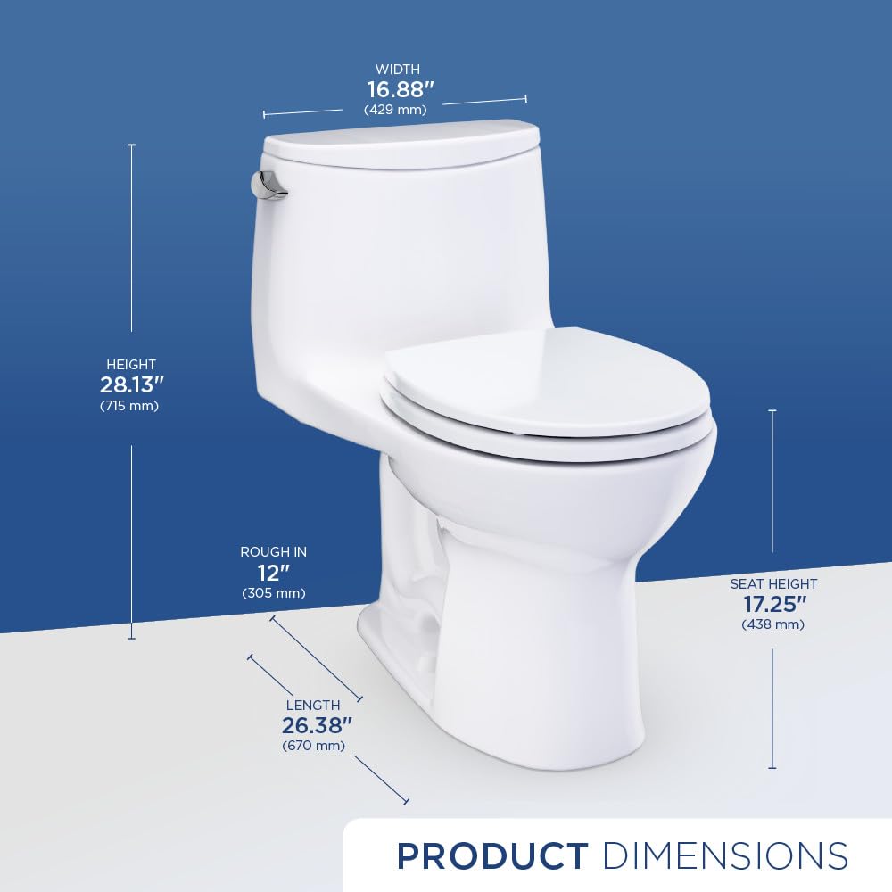 White one-piece toilet with closed lid and seat shown with dimensions: 16.88" width, 28.13" height, 26.38" length, 17.25" sea