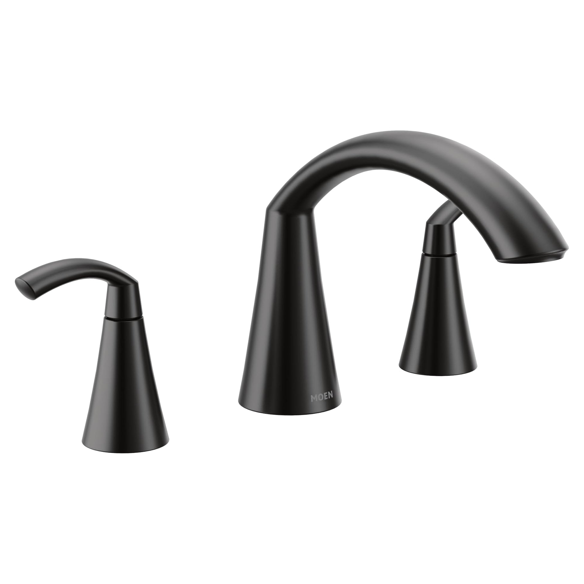 Matte black two-handle high arc roman tub faucet with curved spout and cone-shaped handles.