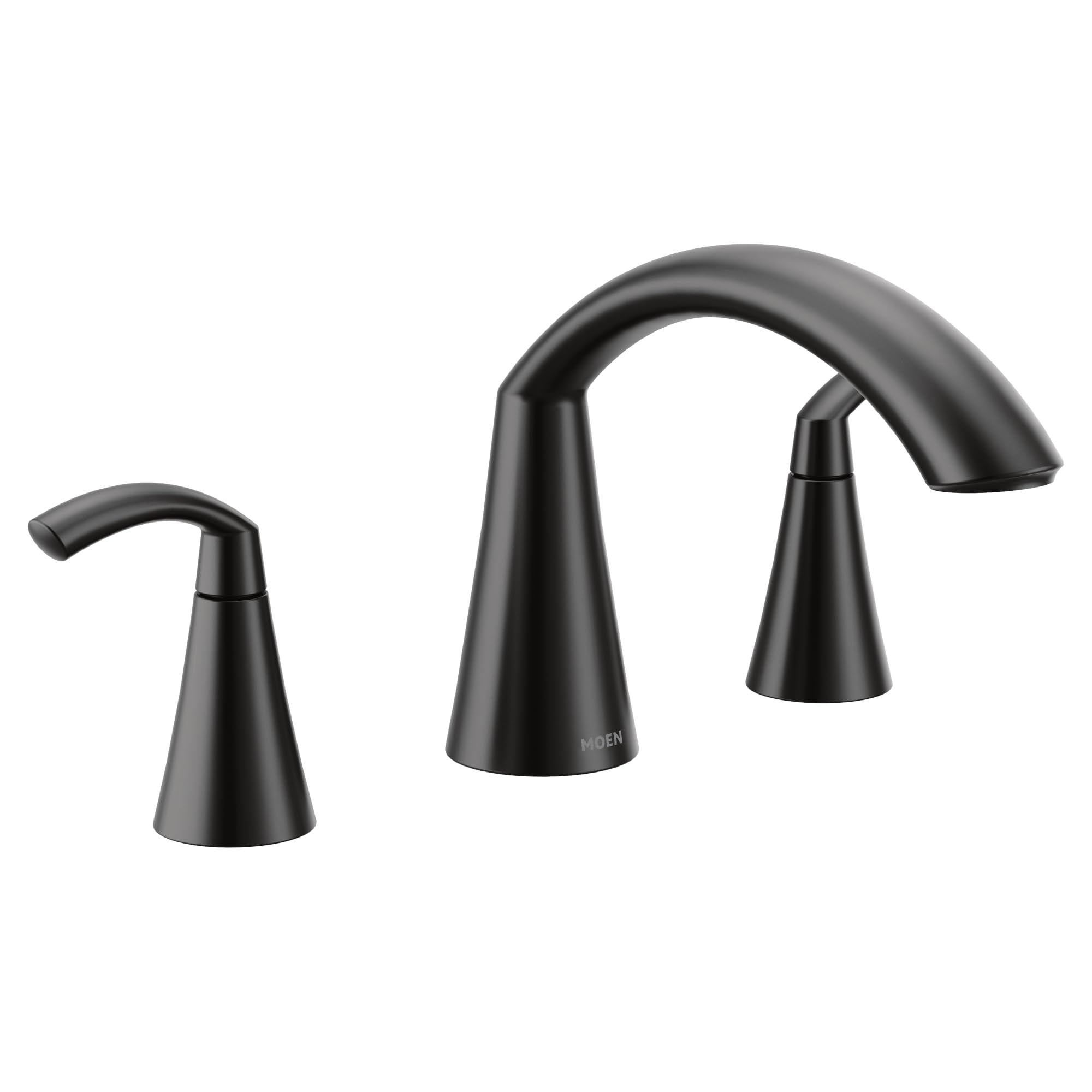 Matte black two-handle high arc roman tub faucet with curved spout and cone-shaped handles.