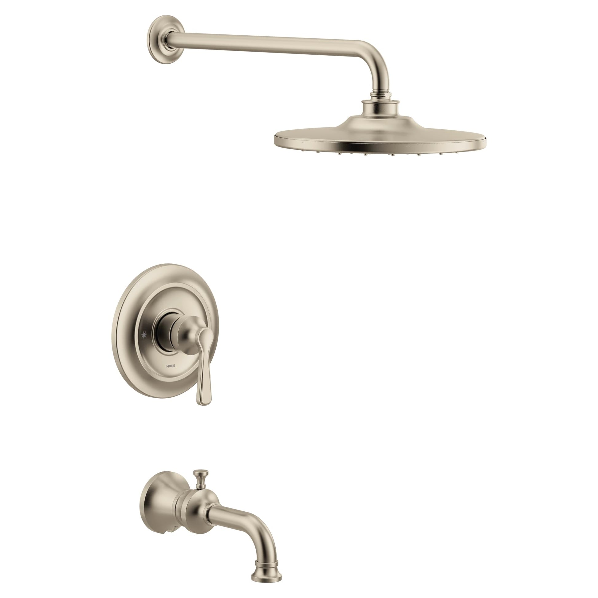 Brushed nickel tub and shower trim kit with single handle valve, overhead showerhead, and tub spout.