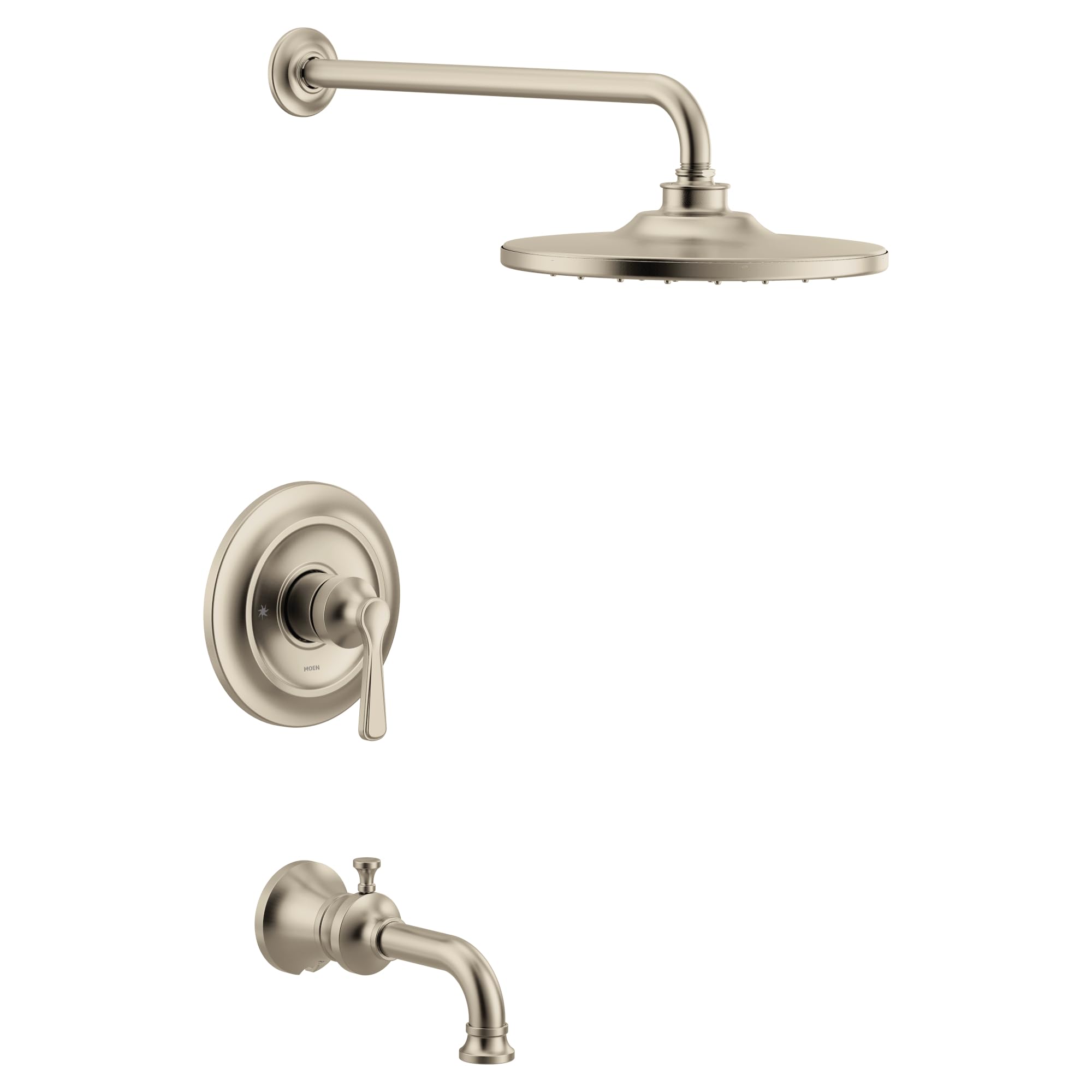 Brushed nickel tub and shower trim kit with single handle valve, overhead showerhead, and tub spout.