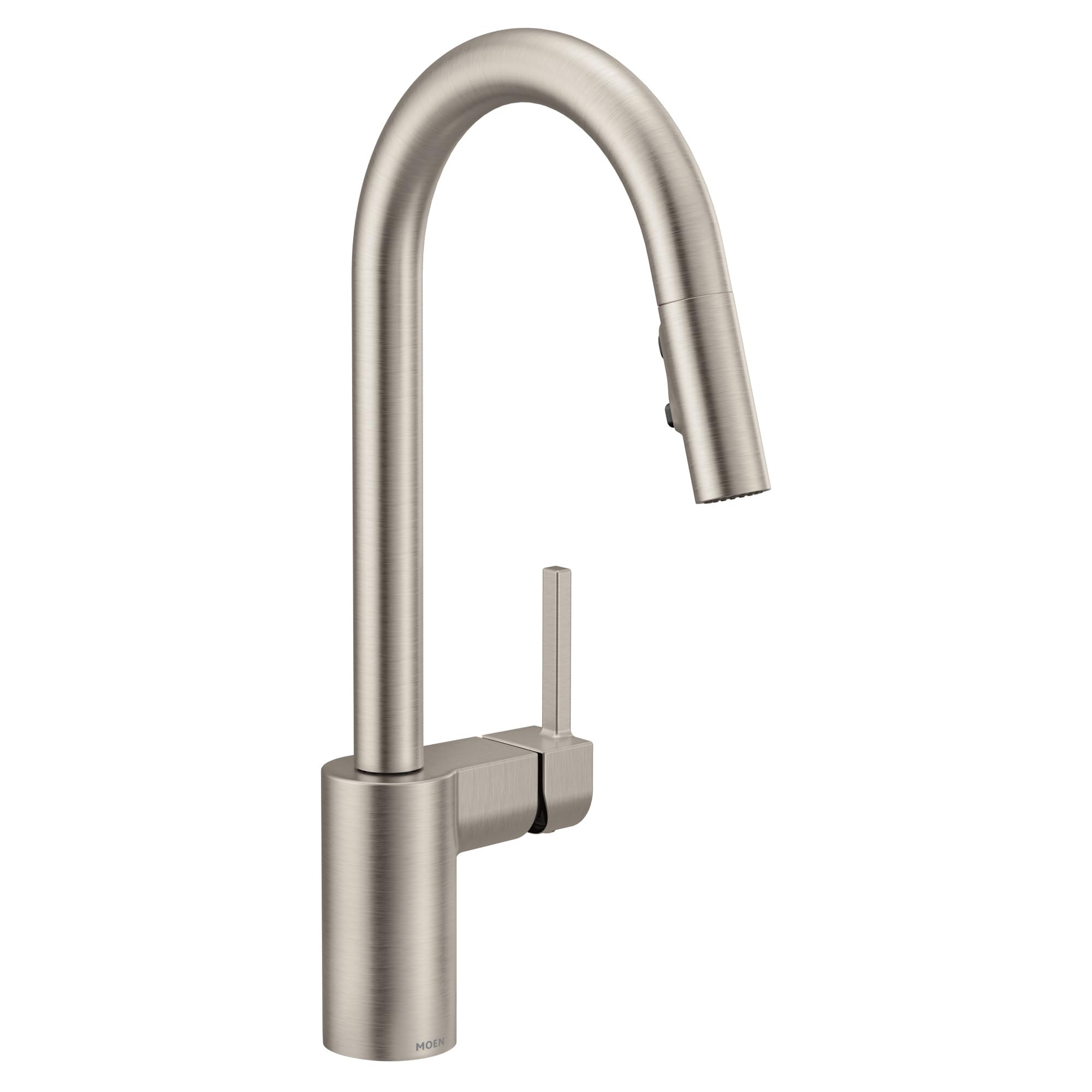 Stainless steel kitchen faucet with high curved spout and single handle lever, pulldown spray head partially extended.