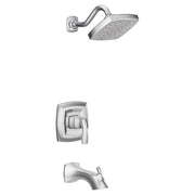 Chrome tub and shower trim kit with single handle valve, curved spout, and overhead showerhead with perforations.