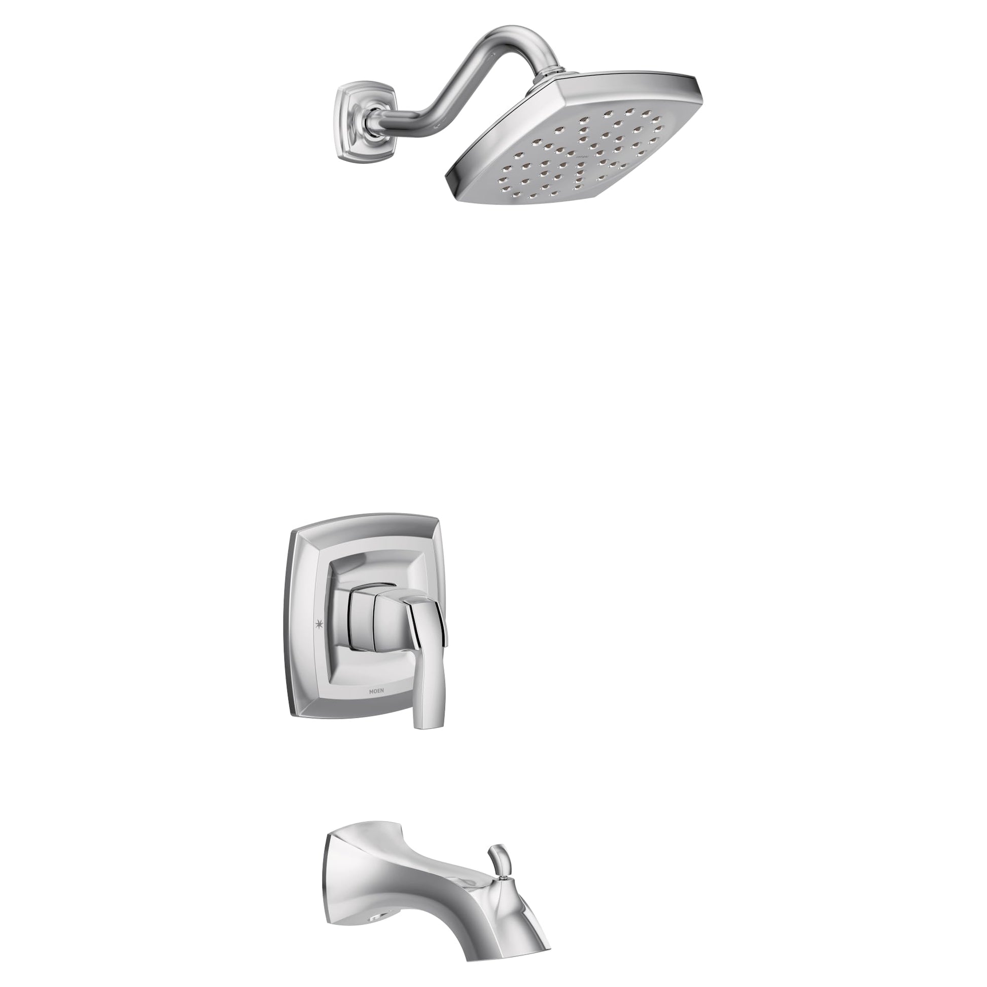 Chrome tub and shower trim kit with single handle valve, curved spout, and overhead showerhead with perforations.