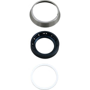 Three circular escutcheon trim rings in stainless steel, black, and white finishes stacked vertically.