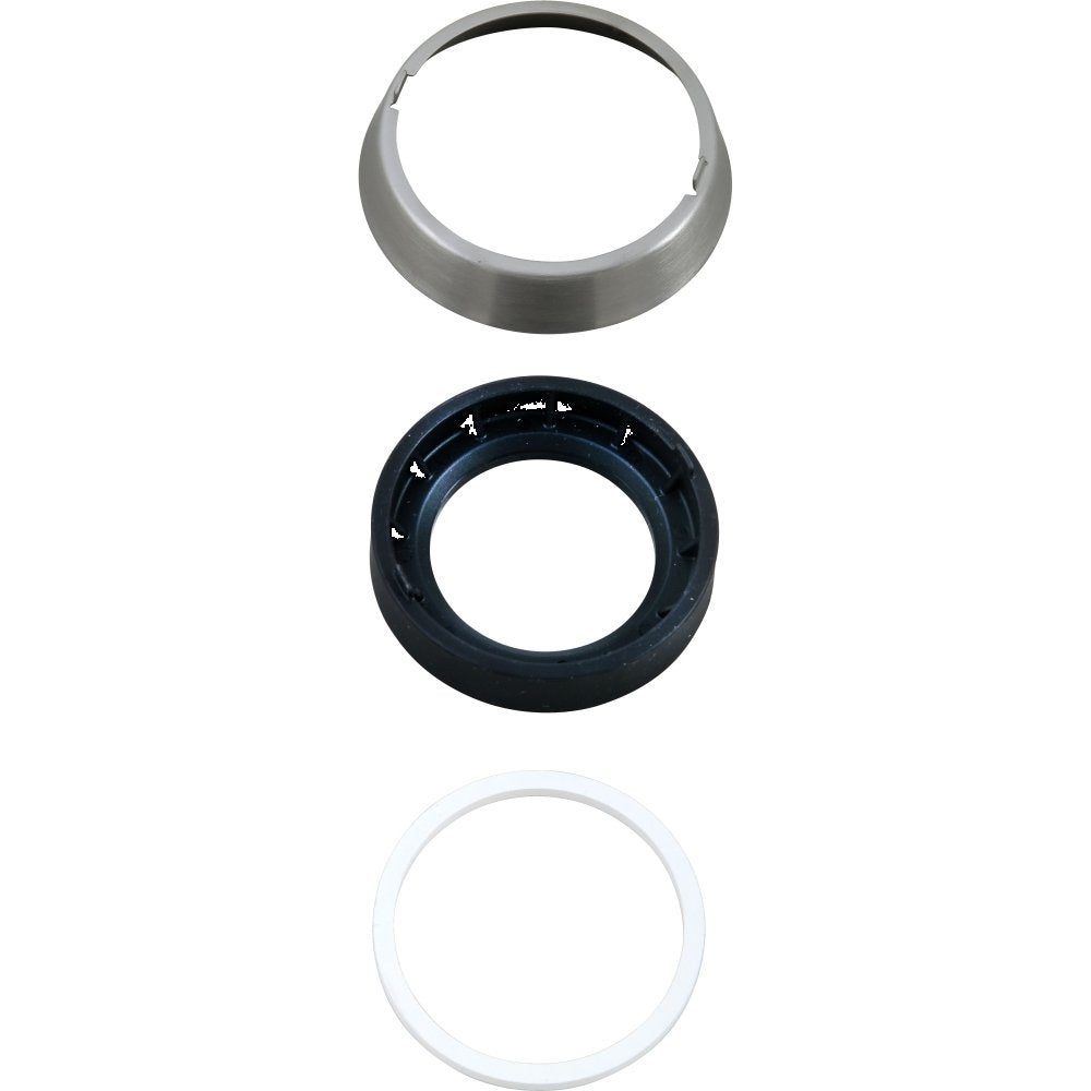 Three circular escutcheon trim rings in stainless steel, black, and white finishes stacked vertically.