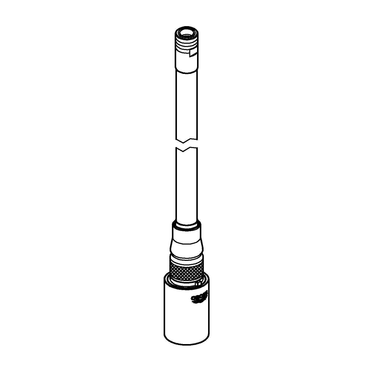 Chrome pull-out spray head assembly with threaded connections and perforated aerator screen.