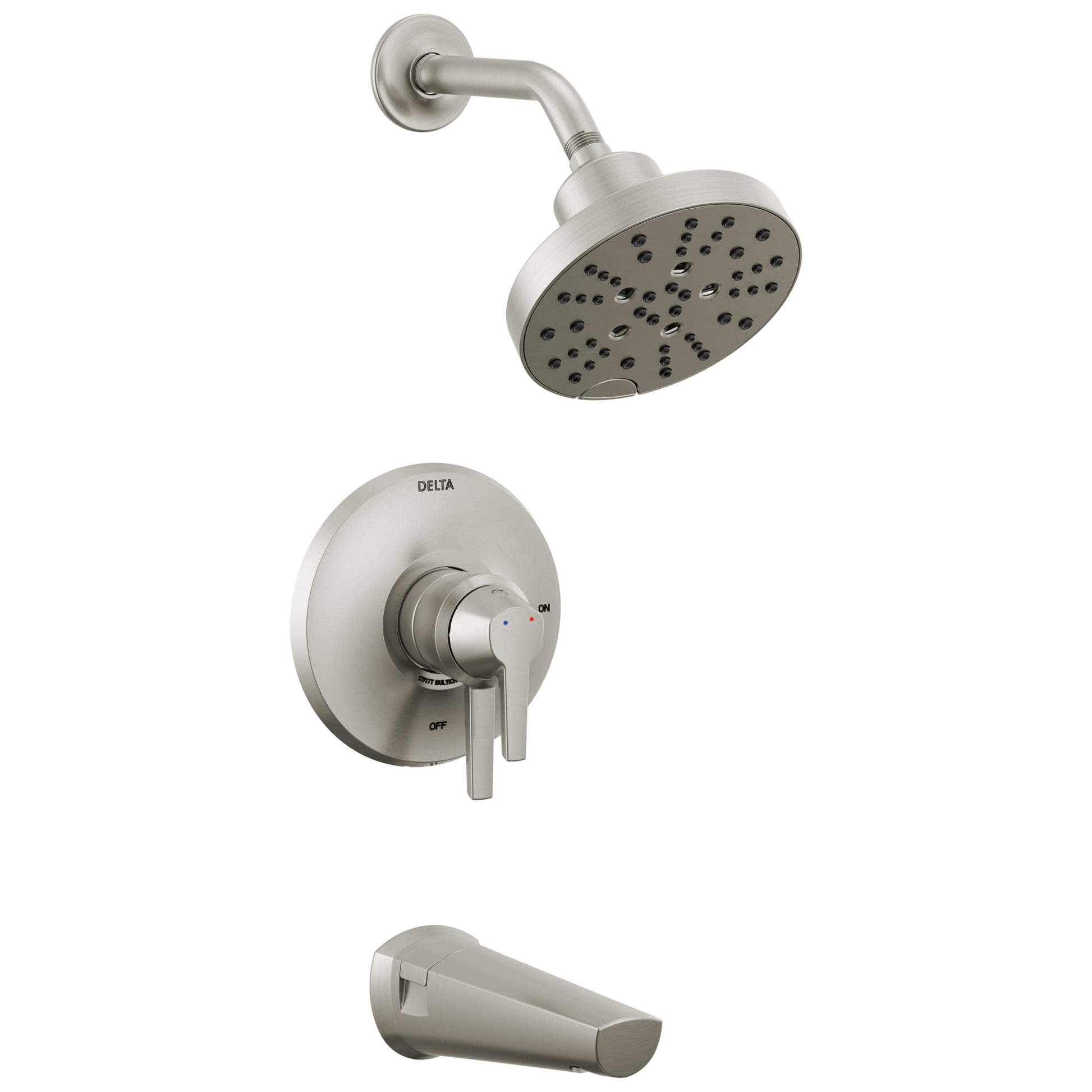 Brushed nickel tub and shower trim with round showerhead, valve trim plate with lever handles, and tub spout.
