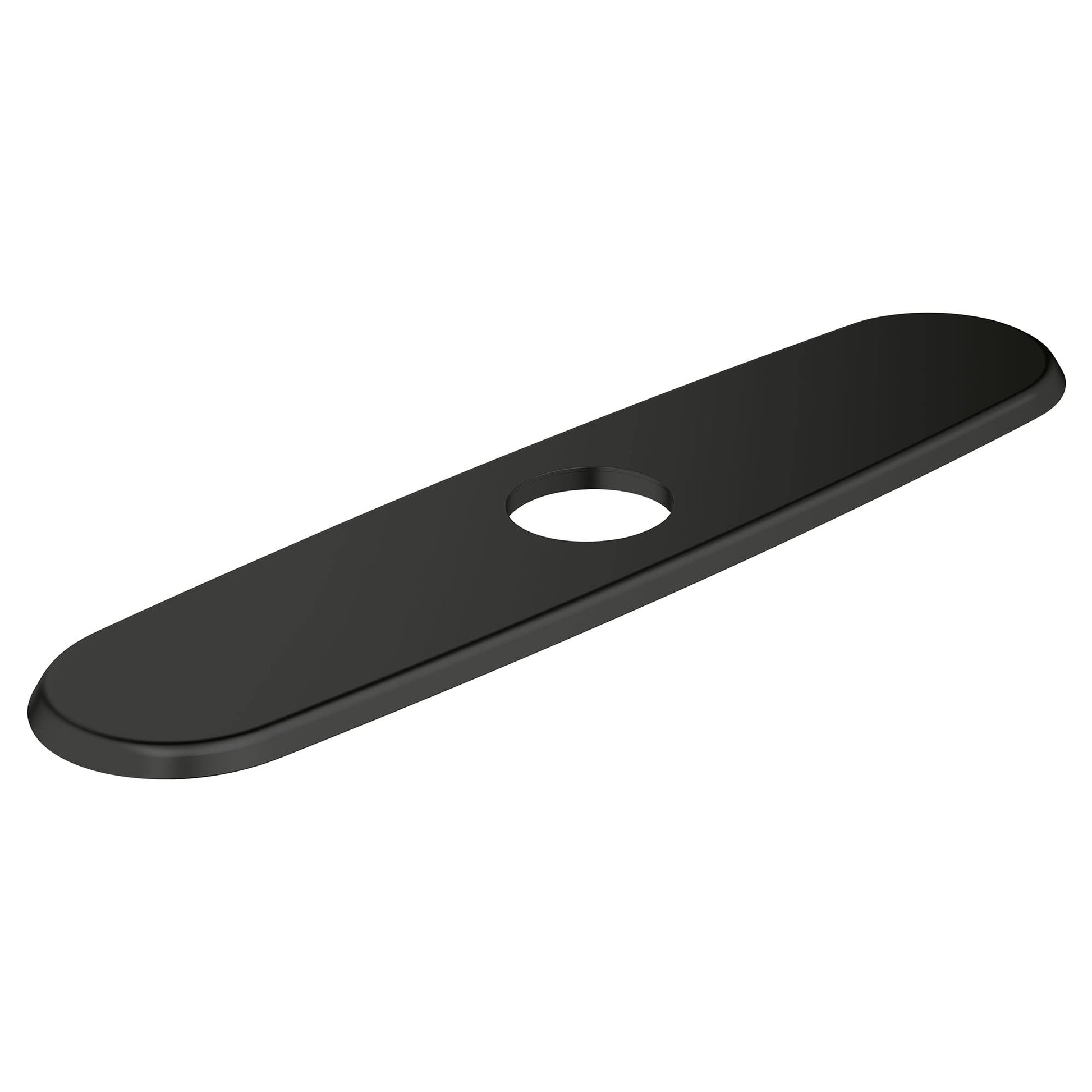 Matte black elongated escutcheon plate with single circular cutout, 10 inches long.