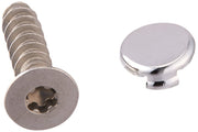 Chrome-finish spout screw with star-shaped head and matching rounded button cover.