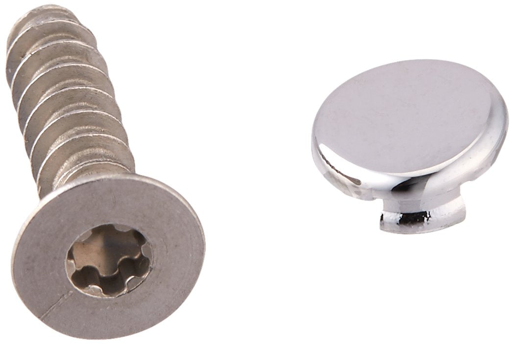 Chrome-finish spout screw with star-shaped head and matching rounded button cover.