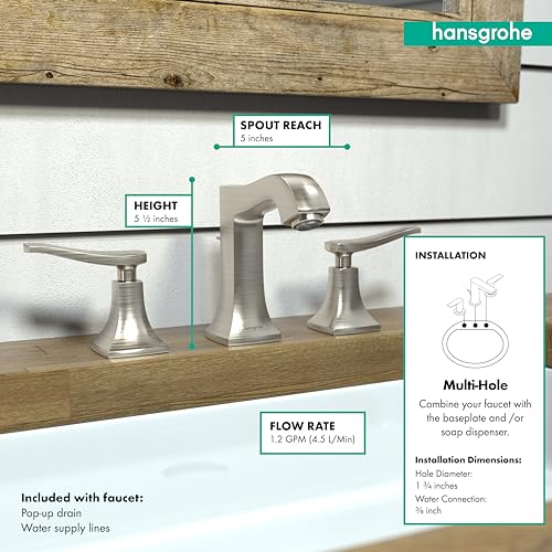 Hansgrohe Metris C brushed nickel widespread faucet with two handles and matching pop-up drain displayed on wooden countertop