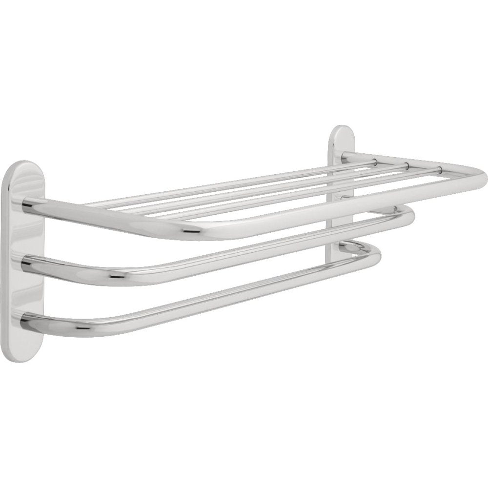 Chrome towel shelf with flat top surface and two curved towel bars mounted on white wall bracket.