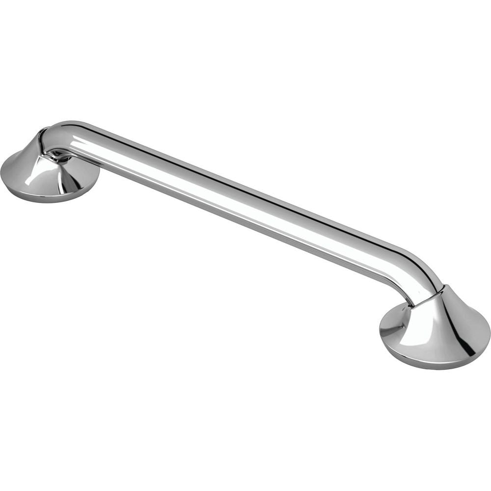 Chrome stainless steel grab bar with curved handle and circular wall mounts on each end.