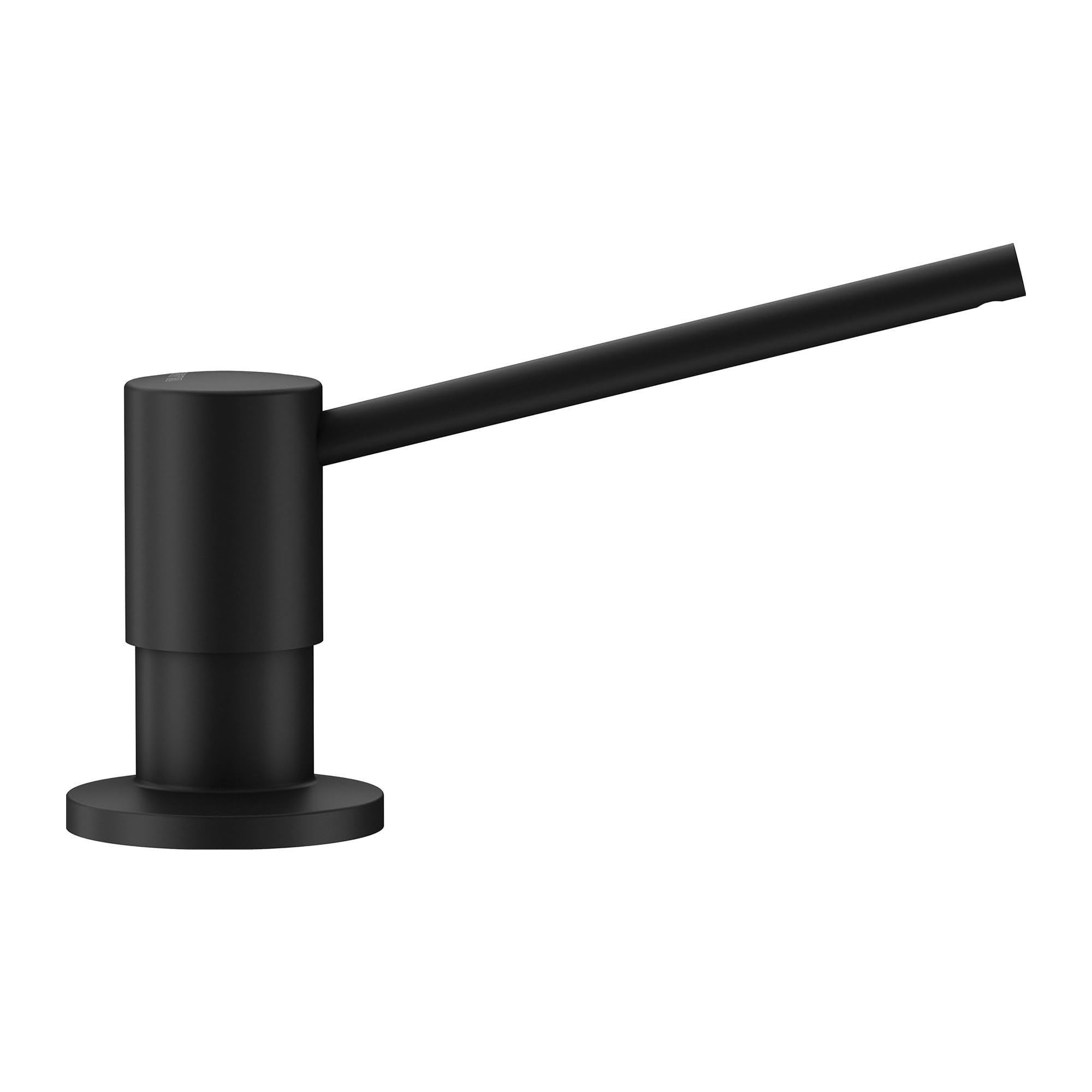 Coal black cylindrical soap dispenser with angled spout and round base.