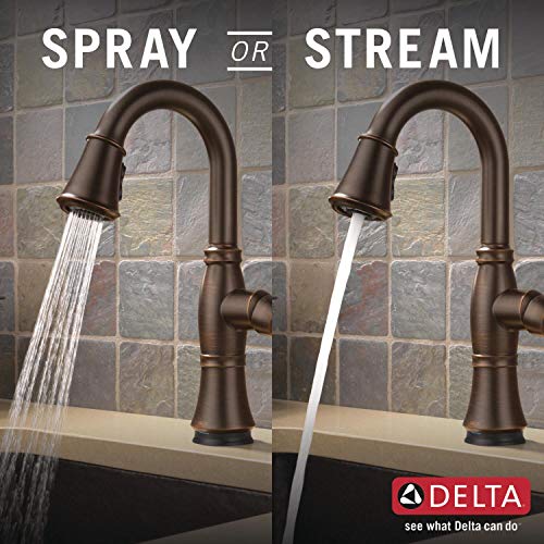 Bronze pull-down kitchen faucet with dual spray and stream modes displayed side-by-side.