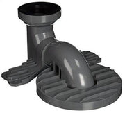 Black plastic trapway adapter kit with vertical inlet tube and curved drain connector mounted on ribbed base plate.
