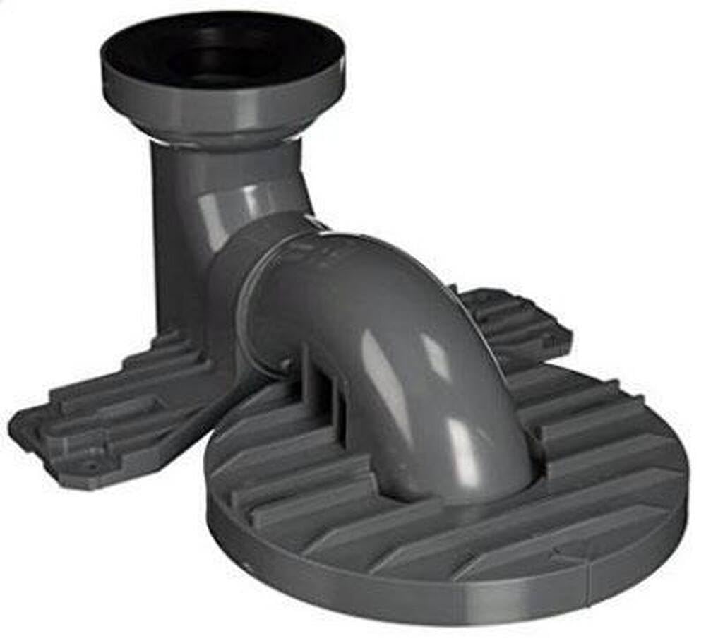 Black plastic trapway adapter kit with vertical inlet tube and curved drain connector mounted on ribbed base plate.