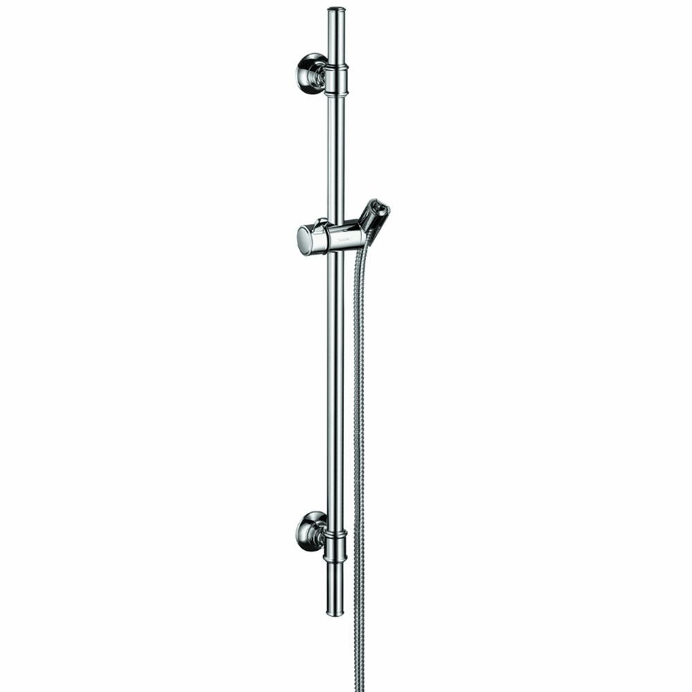 Chrome wallbar with vertical rail, adjustable handshower holder, and wall-mounted brackets.