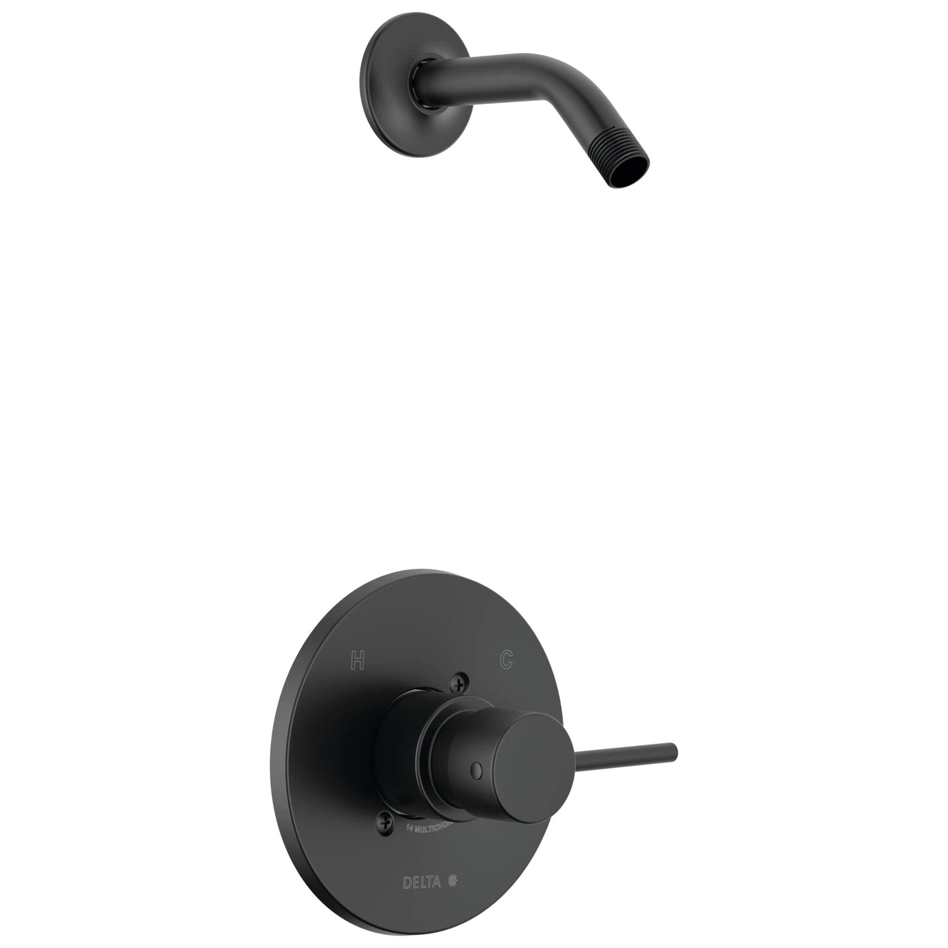 Matte black shower arm with round wall flange and matching circular valve trim with single lever handle.