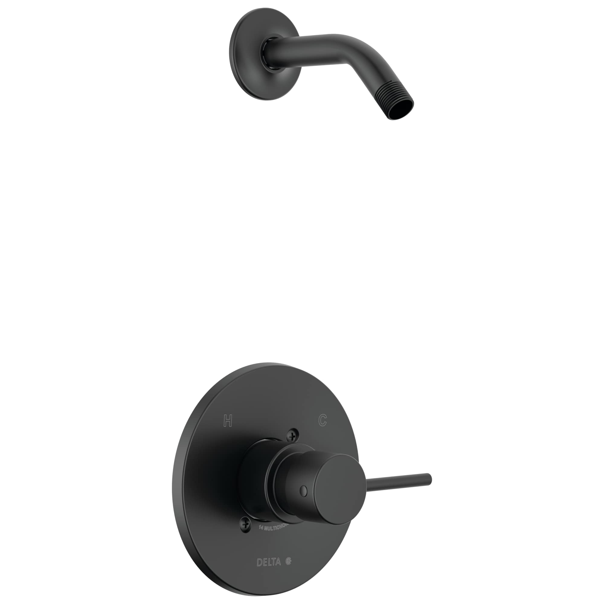 Matte black shower arm with round wall flange and matching circular valve trim with single lever handle.