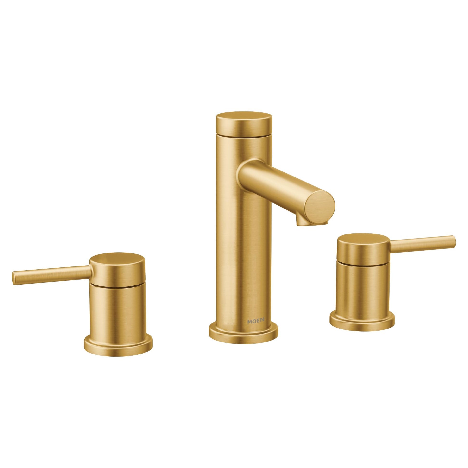 Brushed gold two-handle widespread bathroom faucet trim with cylindrical spout and lever handles.