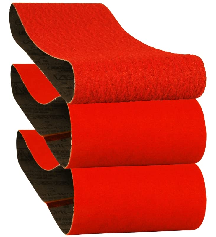 Three red sanding belts with black backing material stacked vertically.