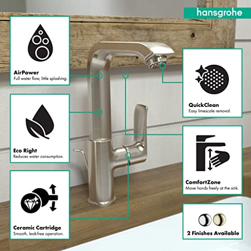 Brushed nickel single-hole kitchen faucet with tall curved spout and feature callouts highlighting water flow, cleaning, and 